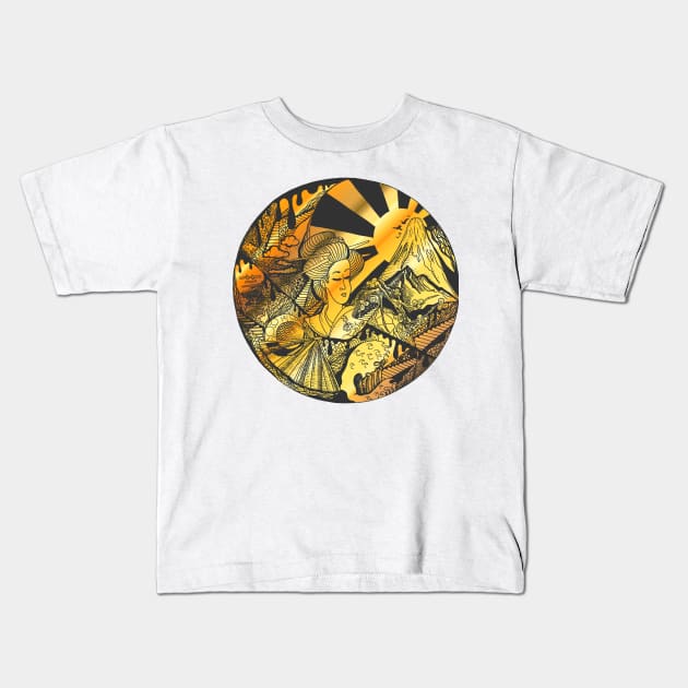 Gold Dreaming of Japan Kids T-Shirt by kenallouis